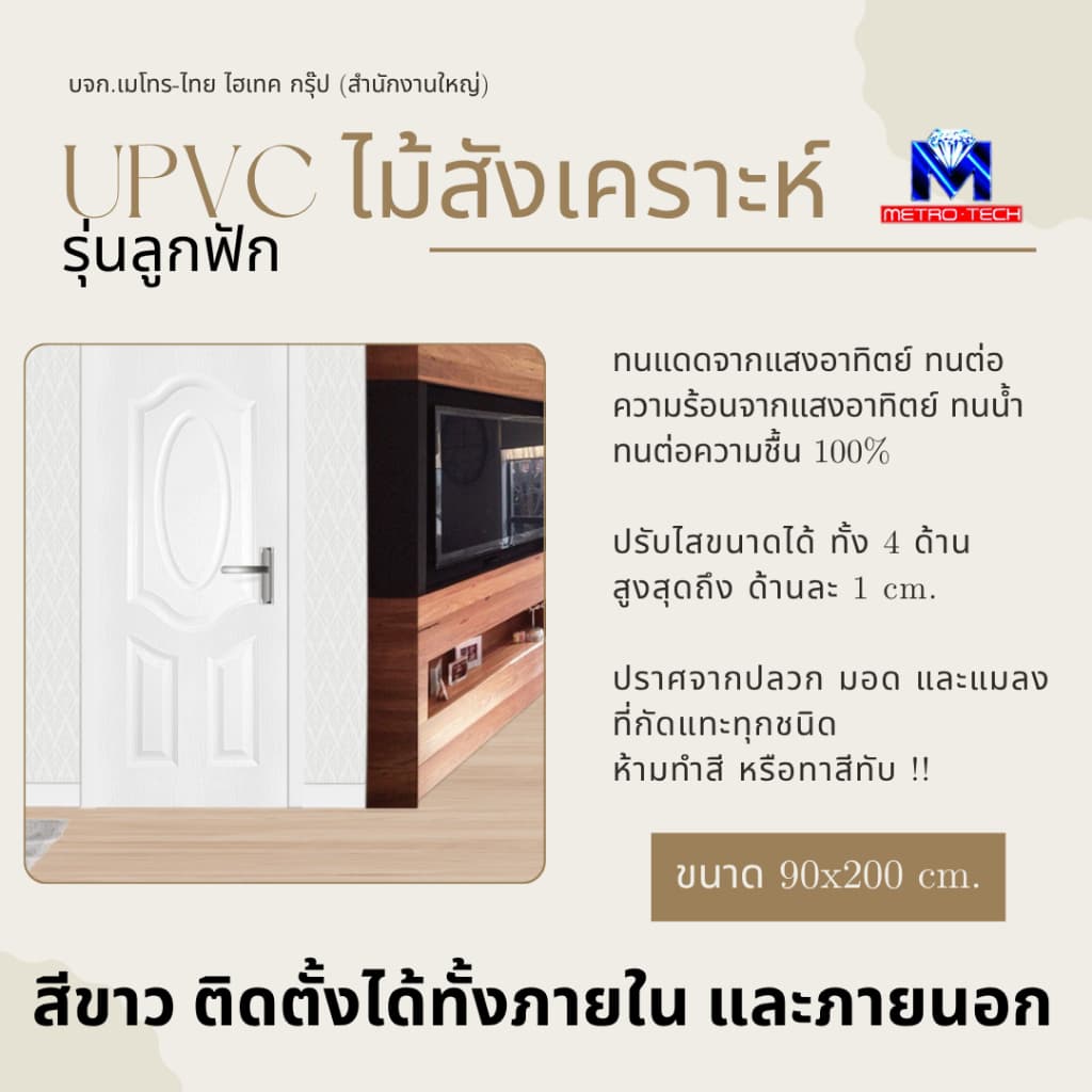 Metro-Tech ประตู UPVC ไม้สังเคราะห์ รุ่น ลูกฟัก ขนาด 90x200 cm. สีขาว (ภายนอก,ภายใน)